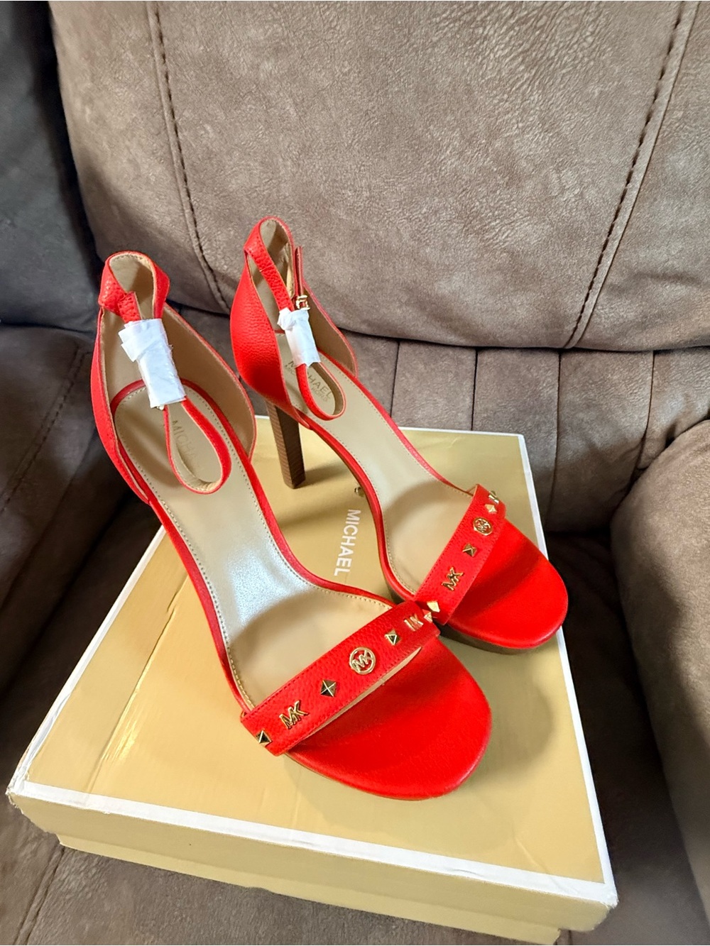 Michael Kors Red Gold-Stud T-Strap High Heels